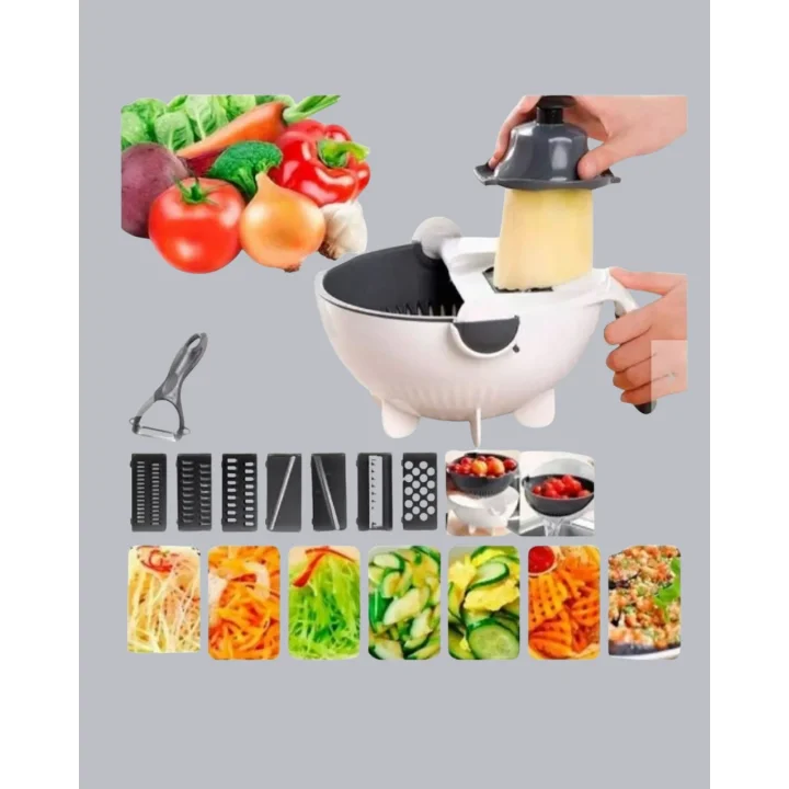 Mey İthalat® 5 Fonksiyonlu Döner Rende Süzgeçli Çok Amaçlı Sebze Doğrayıcı Kaymaz Tabanlı
