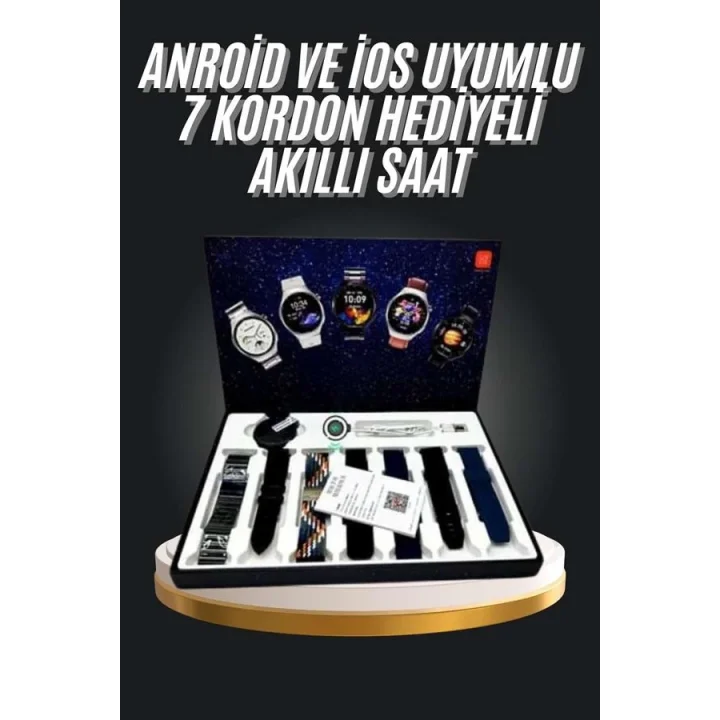 Mey İthalat® 7 Kordonlu Akıllı Saat Siyah Kasa Dokunmatik Ekran Uyku ve Sağlık Takibi