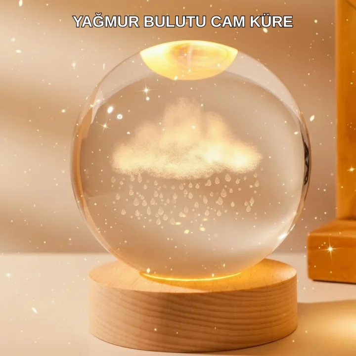 Mey İthalat® 8 cm 3D Yağmur Bulutu Kristal Küre LED Gece Lambası Ahşap Standlı Tasarım Lamba