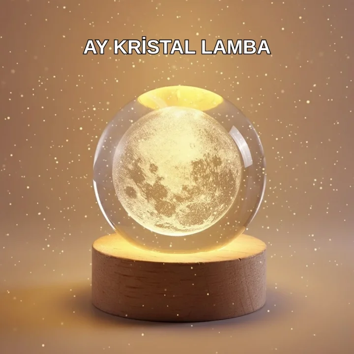 Mey İthalat® 8 cm Ay Desenli Kristal Küre Sıcak LED Işıklı Ahşap Tabanlı Oda Lambası