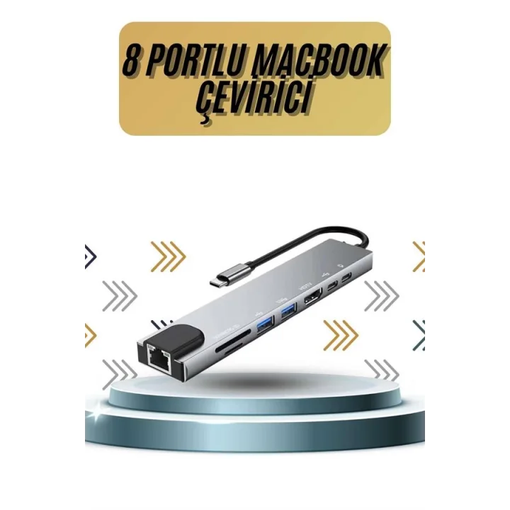 Mey İthalat® 8 Portlu Macbook Çevirici Type C Hub  SD TF USB Çoğaltıcı Ethernet