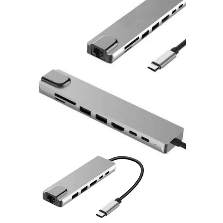 Mey İthalat® 8 Portlu Macbook Çevirici Type C Hub  SD TF USB Çoğaltıcı Ethernet