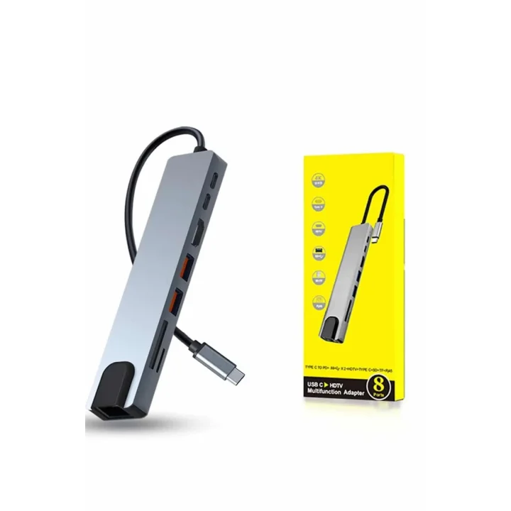 Mey İthalat® 8 Portlu Macbook Çevirici Type C Hub  SD TF USB Çoğaltıcı Ethernet