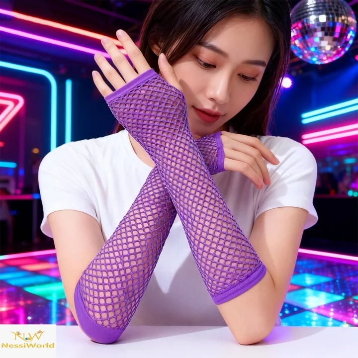 Mey İthalat® 80’ler 90’lar Retro Mor File Parmaksız Eldiven 26 cm