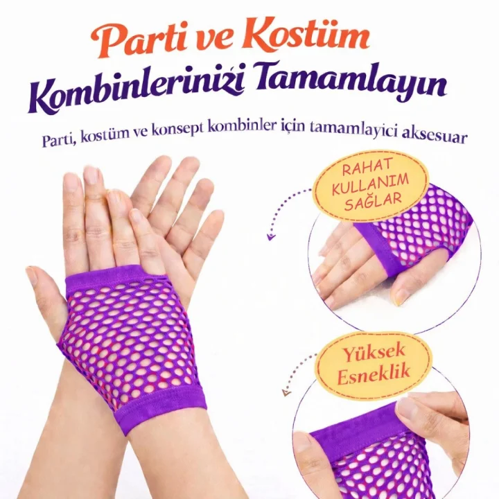 Mey İthalat® 80’ler 90’lar Retro Mor File Parmaksız Kısa Eldiven 11 cm