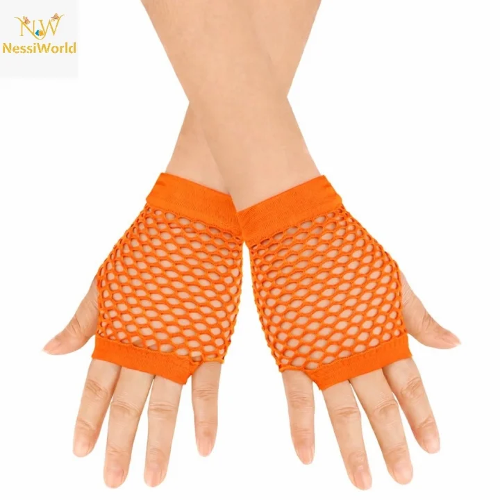 Mey İthalat® 80’ler 90’lar Retro Neon Turuncu File Parmaksız Kısa Eldiven 11 cm