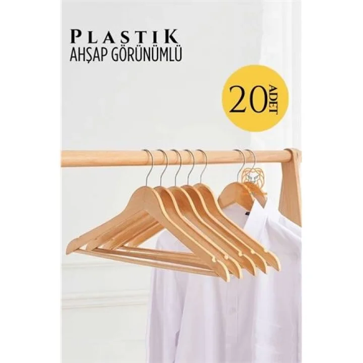 Mey İthalat® Ahşap Görünüm Plastik Askı 20 ADET KREM 720521
