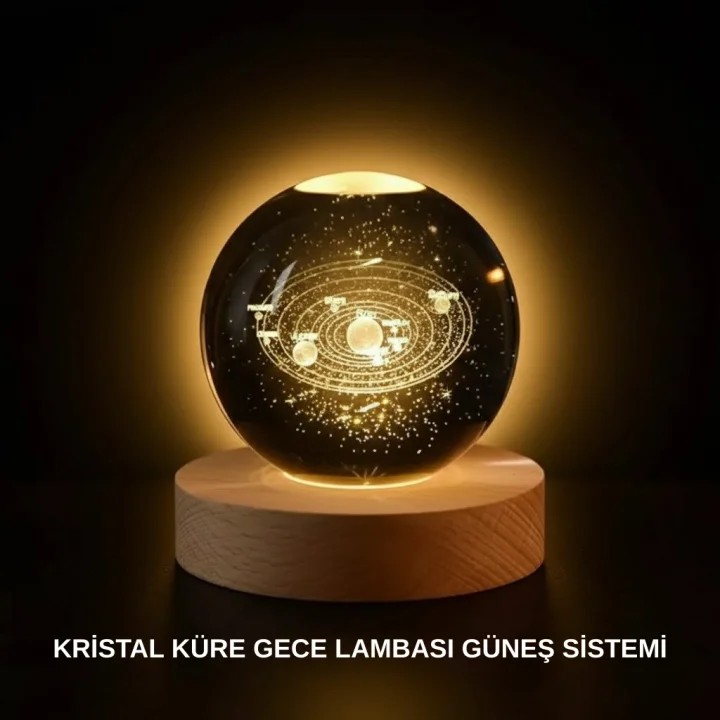 Mey İthalat® Ahşap Standlı LED Kristal Küre Lazer İşlemeli Dekoratif Obje