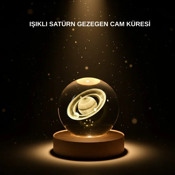 Mey İthalat® Ahşap Tabanlı 3D Satürn Kristal Küre Atmosfer Lambası