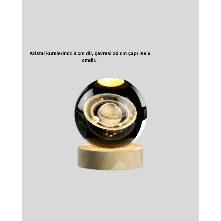 Mey İthalat® Ahşap Tabanlı 3D Satürn Kristal Küre Atmosfer Lambası