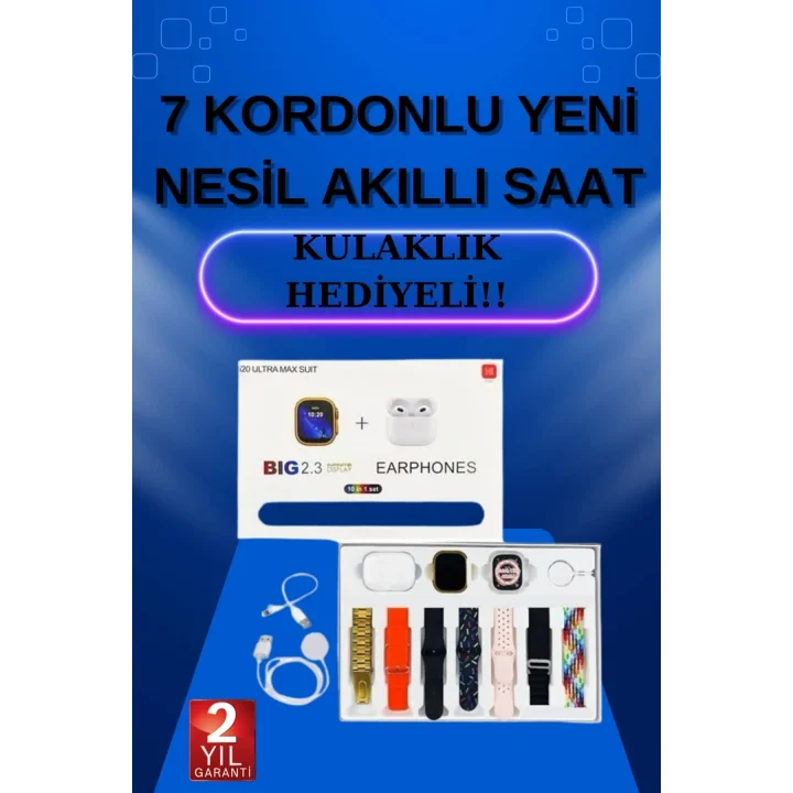 Mey İthalat® Akıllı Saat 7 Kordonlu Kulaklık Hediyeli Nabız Ölçer Uyku Takibi Sesli Görüşme