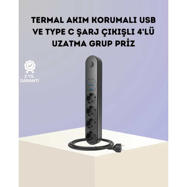 Mey İthalat® Akım Korumalı Çoklu Priz 4’lü 2 USB 1 Type-C 2500W Güçlü Tasarım