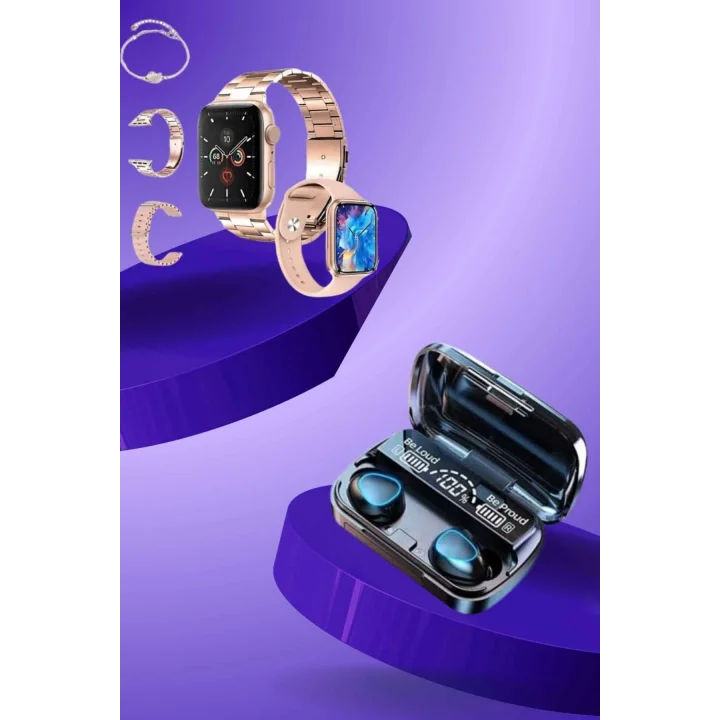 Mey İthalat® Aksesuar Hediyeli Akıllı Saat ve Dijital Göstergeli Powerbankli Bluetooth Kulaklık