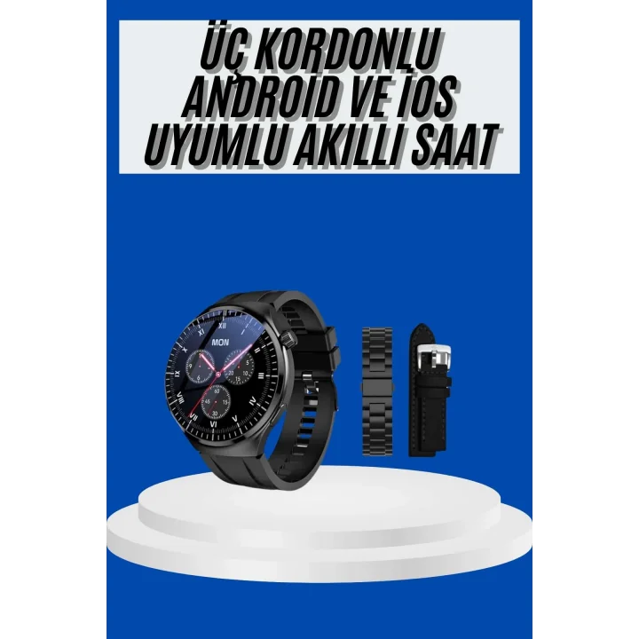Mey İthalat® Amoled Ekran Akıllı Saat Üç Kordonlu İOS Android Uyumlu