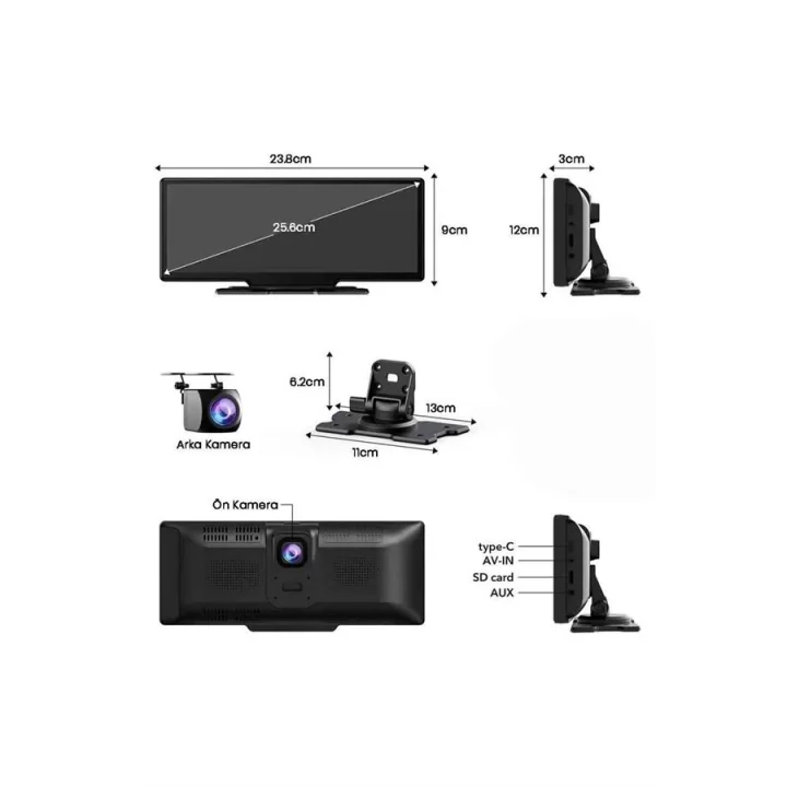 Mey İthalat® Android ve İOS Uyumlu Ön Arka Çift Kameralı Araç Ekranı Dokunmatik CarPlay