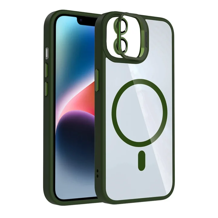 Mey İthalat®   iPhone 11 Remim Lensli Magsafe Standlı Kapak - Koyu Yeşil