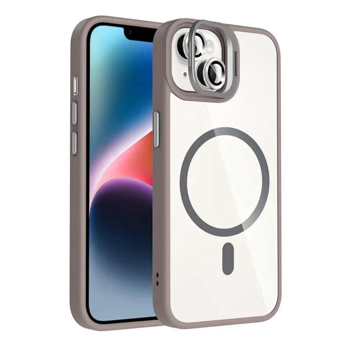 Mey İthalat®  Apple iPhone 13 Remim Lensli Magsafe Standlı Kapak - Titan Gri