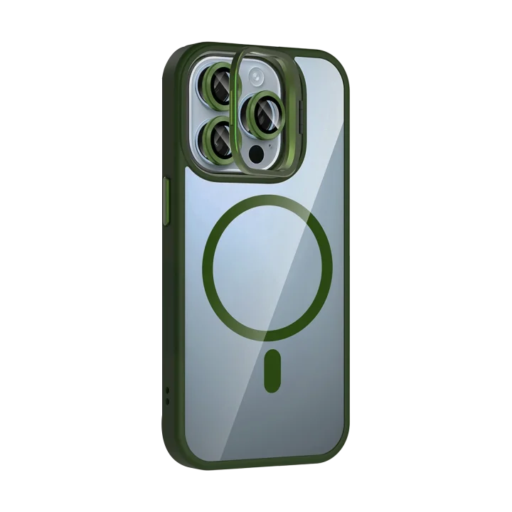 Mey İthalat®   iPhone 14 Pro Max Remim Lensli Magsafe Standlı Kapak - Koyu Yeşil