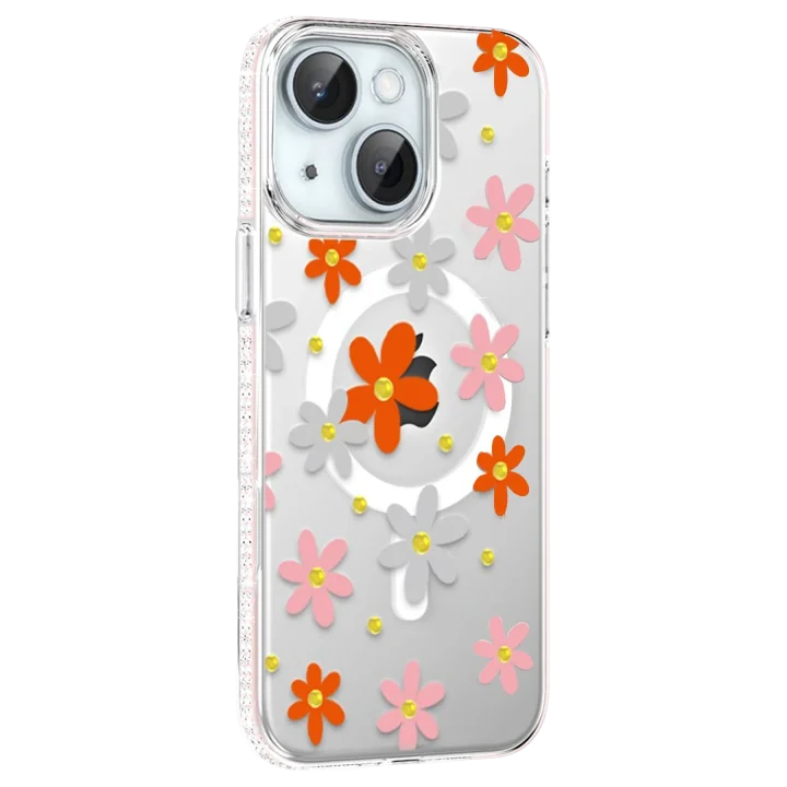 Mey İthalat®   iPhone 15 Floral Magsafe Kapak - Turuncu