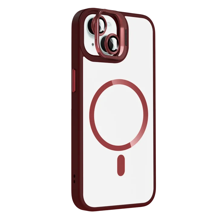 Mey İthalat®   iPhone 15 Plus Remim Lensli Magsafe Standlı Kapak - Bordo