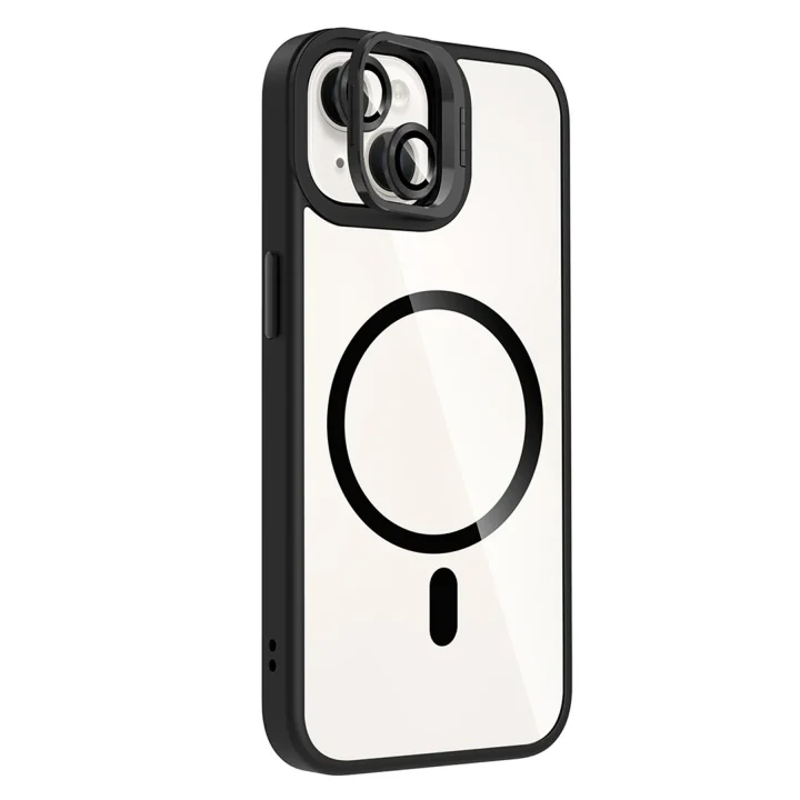 Mey İthalat®   iPhone 15 Plus Remim Lensli Magsafe Standlı Kapak - Siyah