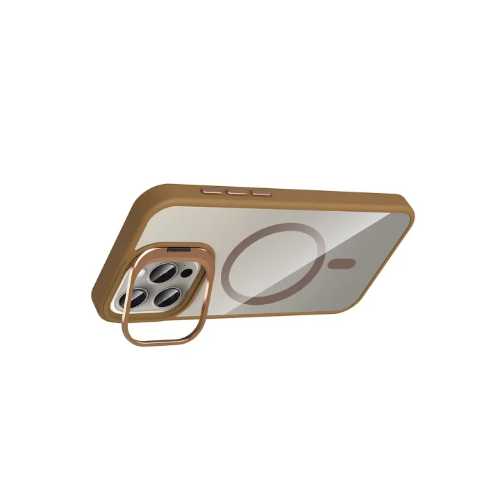 Mey İthalat®   iPhone 15 Pro Max Remim Lensli Magsafe Standlı Kapak - Kahverengi
