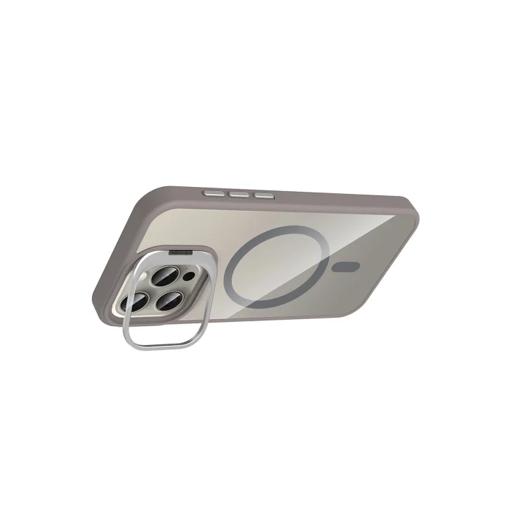Mey İthalat®   iPhone 15 Pro Max Remim Lensli Magsafe Standlı Kapak - Titan Gri