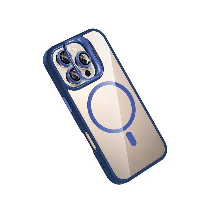 Mey İthalat®   iPhone 16 Pro Remim Lensli Magsafe Standlı Kapak - Lacivert