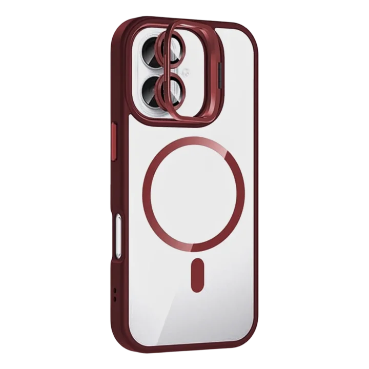 Mey İthalat®   iPhone 16 Remim Lensli Magsafe Standlı Kapak - Bordo