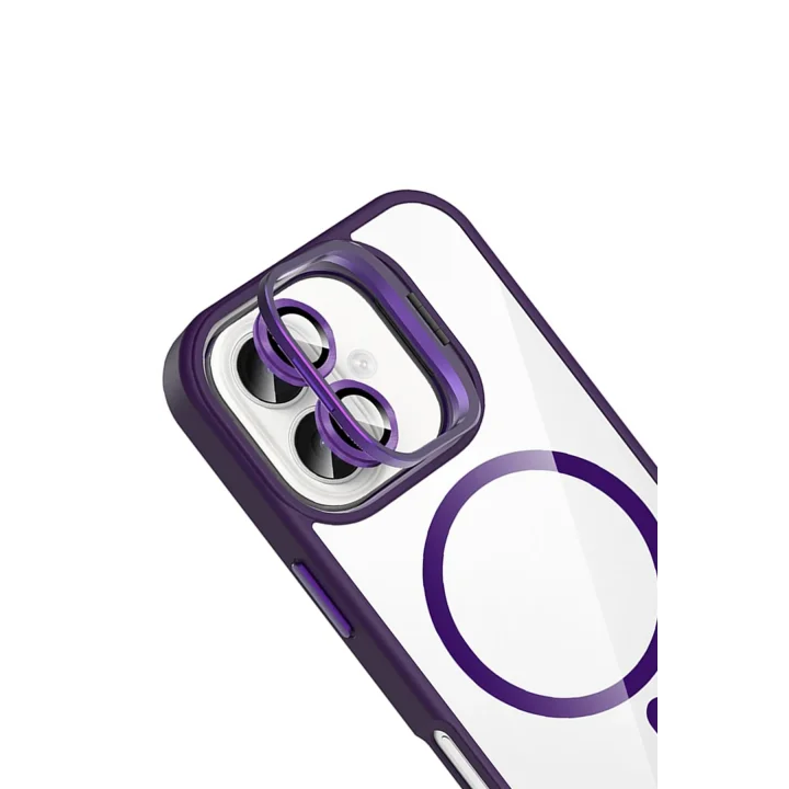 Mey İthalat®   iPhone 16 Remim Lensli Magsafe Standlı Kapak - Derin Mor