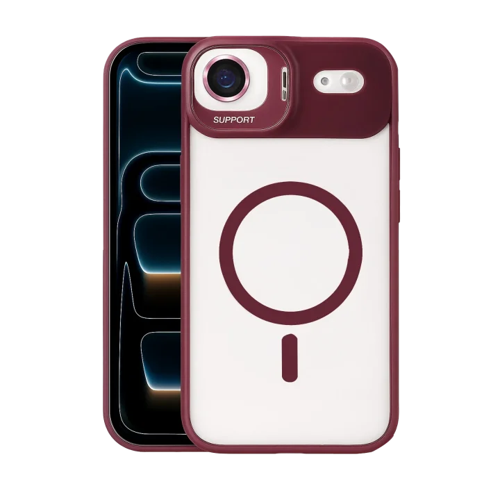 Mey İthalat®   iPhone 17 Air Remim Lensli Magsafe Standlı Kapak - Bordo