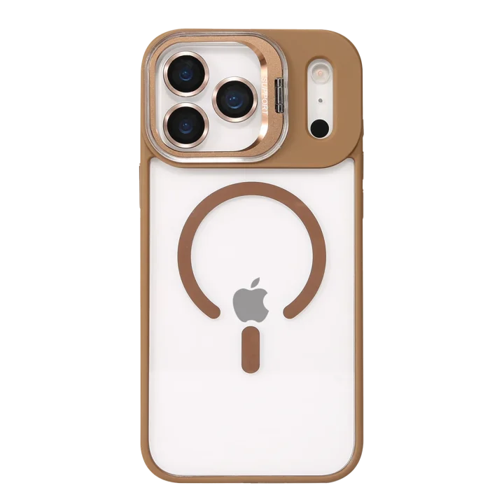 Mey İthalat®   iPhone 17 Pro Max Remim Lensli Magsafe Standlı Kapak - Kahverengi
