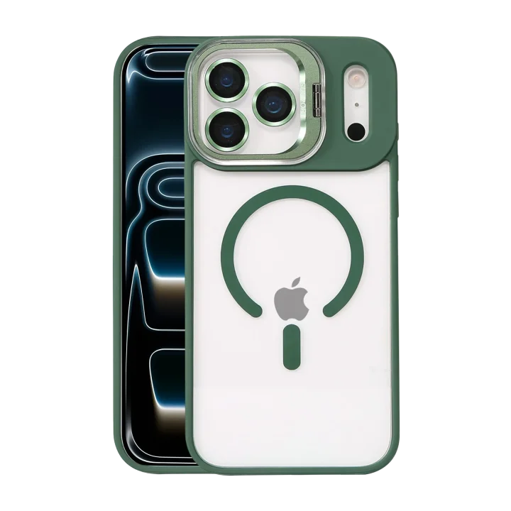 Mey İthalat®   iPhone 17 Pro Max Remim Lensli Magsafe Standlı Kapak - Koyu Yeşil