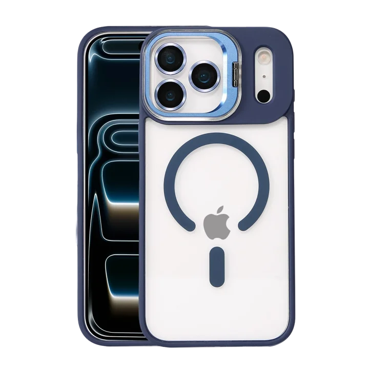 Mey İthalat®   iPhone 17 Pro Max Remim Lensli Magsafe Standlı Kapak - Lacivert