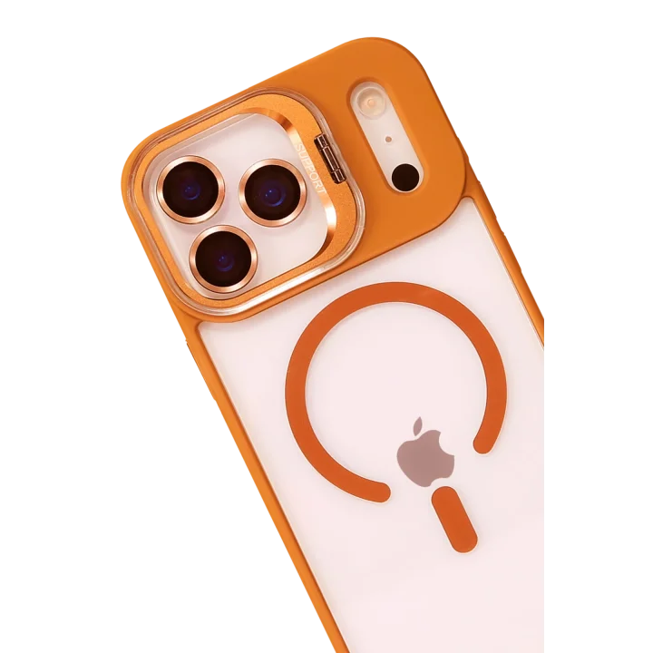 Mey İthalat®   iPhone 17 Pro Max Remim Lensli Magsafe Standlı Kapak - Turuncu
