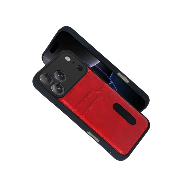 Mey İthalat®  Apple iPhone 17 Pro Max Sara Kartvizitli Deri Kılıf - Kırmızı