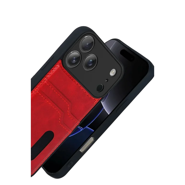 Mey İthalat®  Apple iPhone 17 Pro Max Sara Kartvizitli Deri Kılıf - Kırmızı