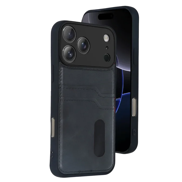 Mey İthalat®  Apple iPhone 17 Pro Max Sara Kartvizitli Deri Kılıf - Siyah