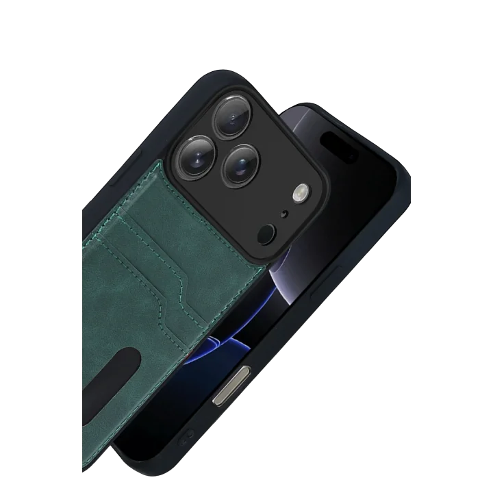 Mey İthalat®  Apple iPhone 17 Pro Max Sara Kartvizitli Deri Kılıf - Yeşil