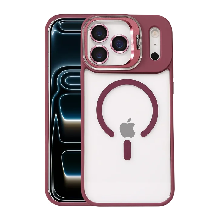 Mey İthalat®   iPhone 17 Pro Remim Lensli Magsafe Standlı Kapak - Bordo
