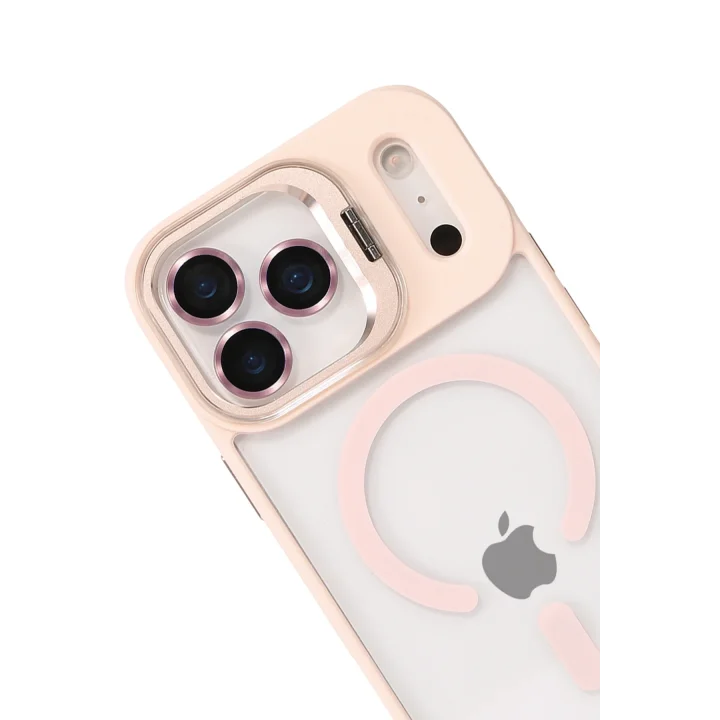 Mey İthalat®   iPhone 17 Pro Remim Lensli Magsafe Standlı Kapak - Pembe