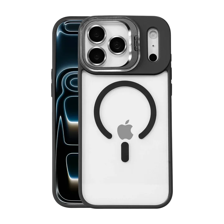 Mey İthalat®   iPhone 17 Pro Remim Lensli Magsafe Standlı Kapak - Siyah