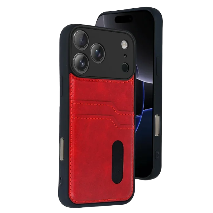 Mey İthalat®  Apple iPhone 17 Pro Sara Kartvizitli Deri Kılıf - Kırmızı