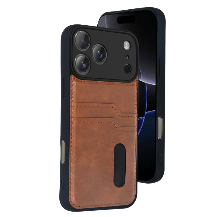 Mey İthalat®  Apple iPhone 17 Pro Sara Kartvizitli Deri Kılıf - Taba