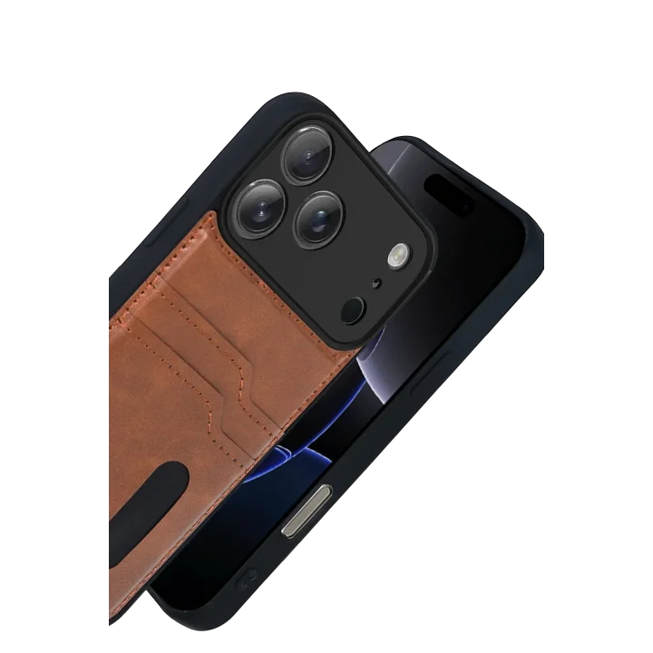 Mey İthalat®  Apple iPhone 17 Pro Sara Kartvizitli Deri Kılıf - Taba