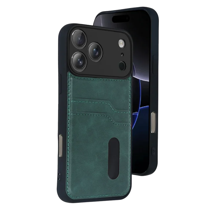 Mey İthalat®  Apple iPhone 17 Pro Sara Kartvizitli Deri Kılıf - Yeşil