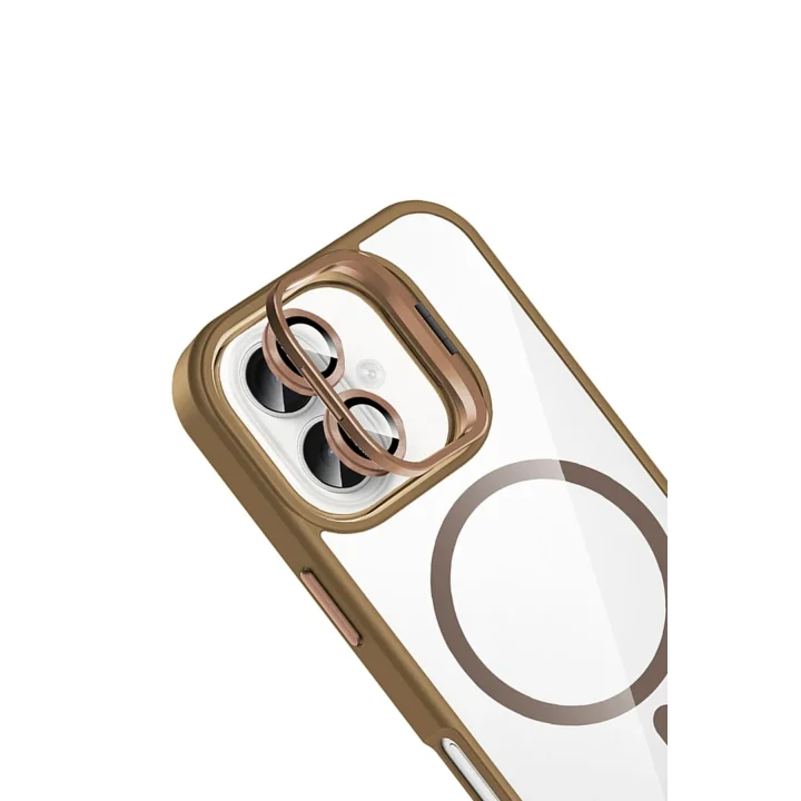 Mey İthalat®   iPhone 17 Remim Lensli Magsafe Standlı Kapak - Kahverengi