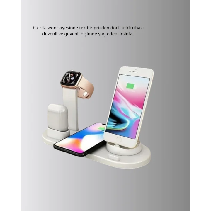 Mey İthalat® Apple Uyumlu Kablosuz Şarj İstasyonu 4 Cihaz Destekli ve Hızlı Şarjlı