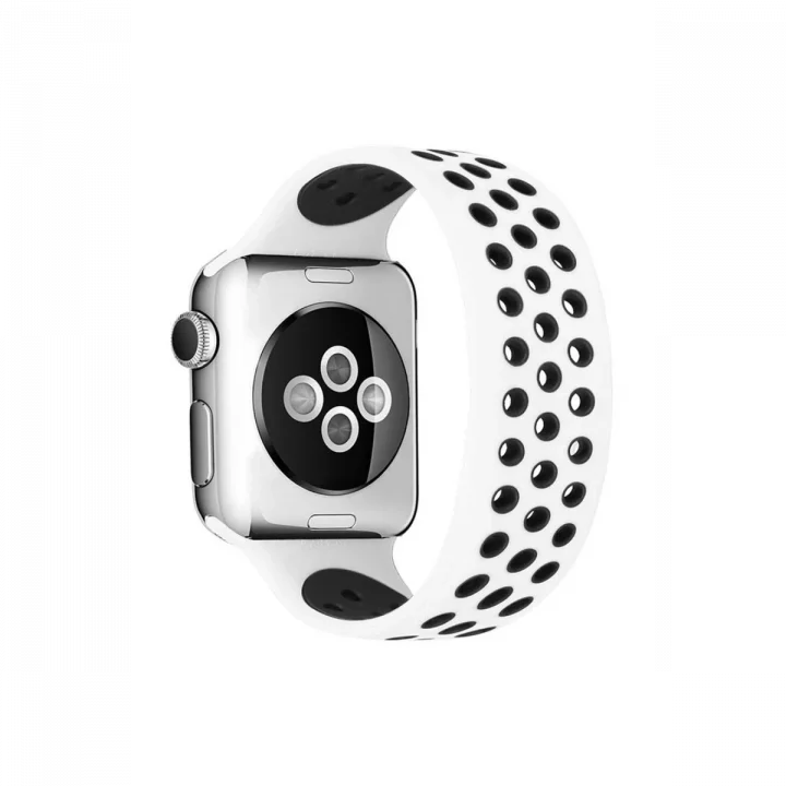 Mey İthalat®  Apple Watch 38mm Ayarlı Delikli Silikon Kordon - Beyaz-Siyah