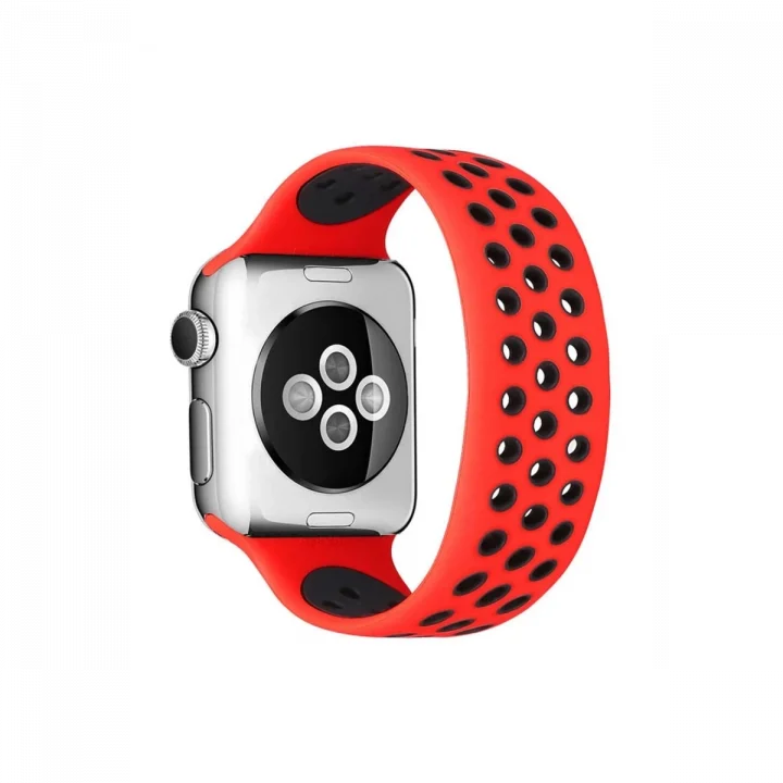 Mey İthalat®  Apple Watch 38mm Ayarlı Delikli Silikon Kordon - Kırmızı-Siyah